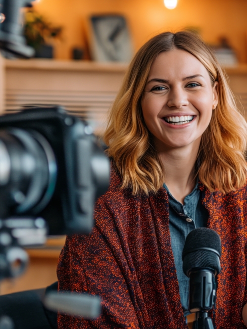 Woman sitting in front of video camera