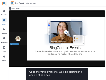 Event video display with Closed Captions feature and text box at the bottom of the screen.