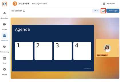 Event Video display with Closed Captions button at the top right of the screen. 