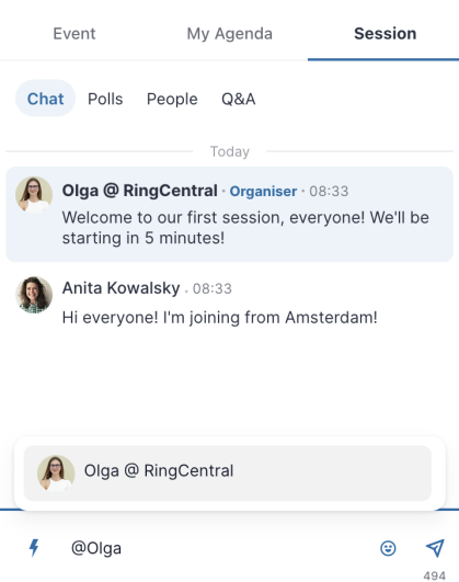 Chat feature with tagging attendee function.