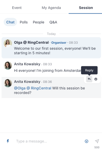 Chat feature with Reply button on response highlighted.