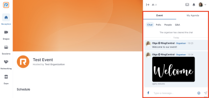 Virtual Event display with chat box feature on the right side of screen highlighted.