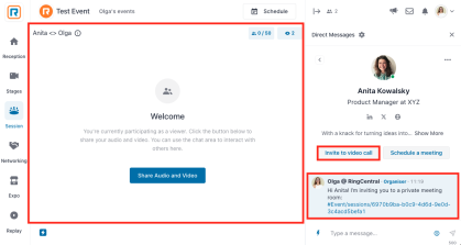 Video call display with Share Audio and Video button in the center. Invite to video call in chat box to the right is highlighted.