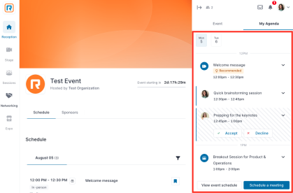Overview Screen that displays event and My Agenda to the right.