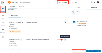 Event Schedule screen with arrows pointing to Add to my Agenda option and My Agenda to the right.