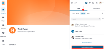 Arrow pointing to People tab under Event to the right of the screen. Bottom right highlights Schedule a meeting.