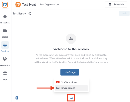 Join stage display with share screen highlighted. 