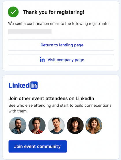 Thank you for registering confirmation page with Linkedin networking options.